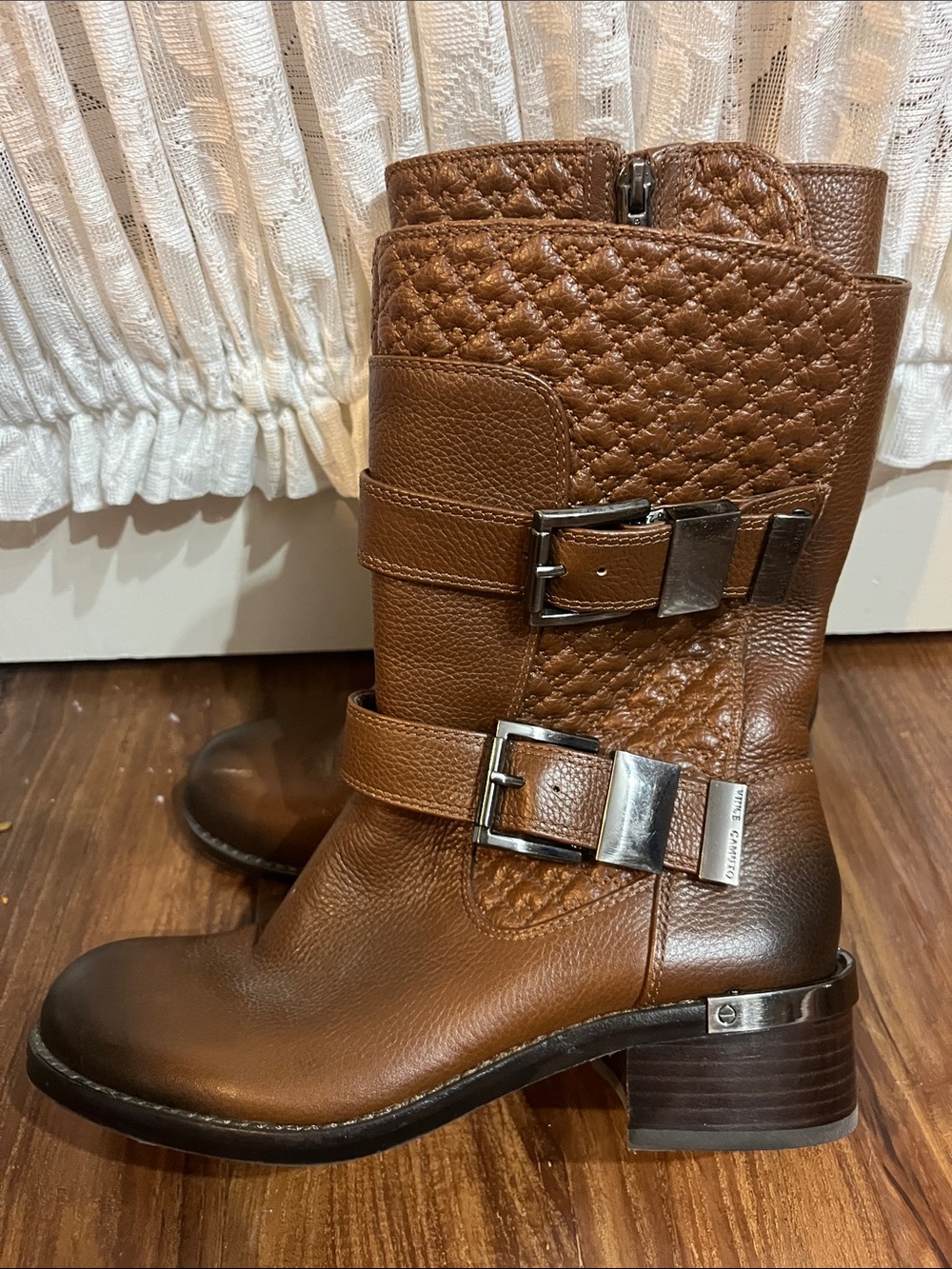 Vince Camuto Brown Quilted Leather Mid-Calf Buckle Boots